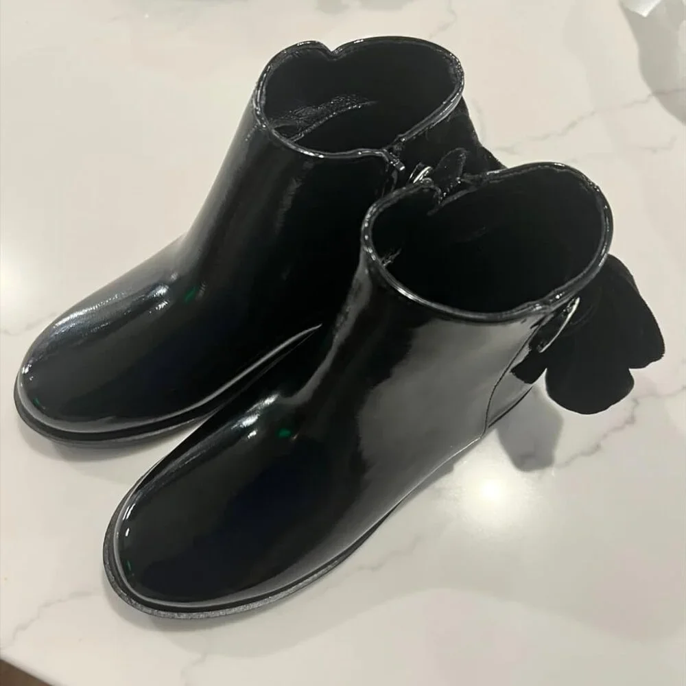 🆕Girls Black Faux Leather Ankle Kids Bow Chunky Low Heel Side Zipper Dress Boot